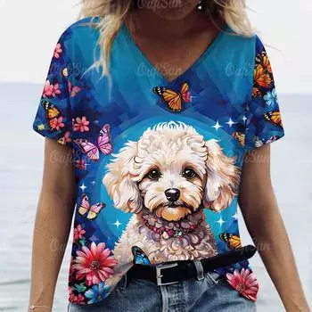 Большие женские футболки с коротким рукавом, принты животных, топы, милые футболки с V-образным вырезом, летняя женская футболка, новинка 2024 года в уличном стиле S