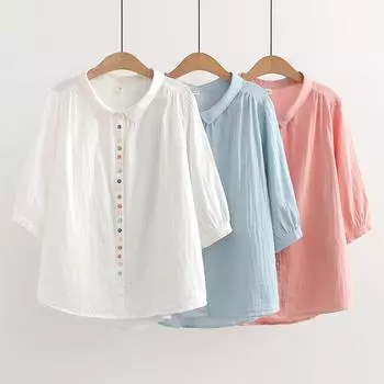 Большие женские рубашки в японском стиле с рукавом три четверти, однотонные рубашки из хлопковой пряжи для женщин, летние топы больших размеров L белый