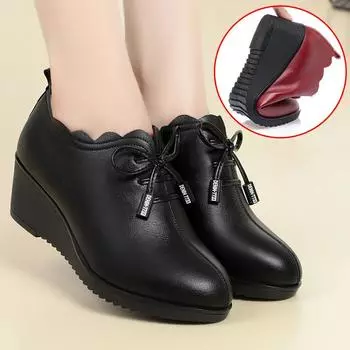 Большие женские туфли из мягкой кожи на танкетке с мягкой подошвой Глубокие кожаные туфли 42 чёрный