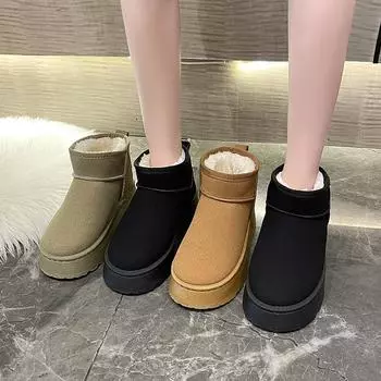 Большие зимние ботинки на толстой подошве для женщин, осенние и зимние, с мехом, короткие, с высокой подошвой, теплые и водонепроницаемые, из хлопка, размеры 36-42 36 чёрный