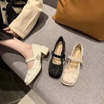 Большие зимние туфли Мэри Джейн, женская обувь, весна 2024, новые элегантные туфли на толстом высоком каблуке с одним словом, квадратная головка, новые китайские туфли 0072 35 бежевый