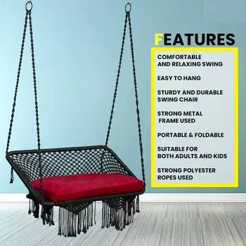 Большое двухместное кресло-качалка премиум-класса, подвесное кресло-гамак для дома, в помещении, на открытом воздухе, в саду, патио/Jhula для взрослых | 2-местные качели 114 x 45 cm чёрный