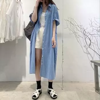 Большое количество летних однобортных свободных завитых ленивых стильных ретро и тонких длинных джинсовых платьев с короткими рукавами M синий