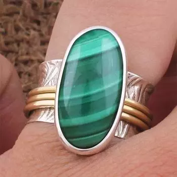 Большое овальное кольцо с малахитом, кольцо из цельного серебра 925 пробы, кольцо ручной работы, двухцветное кольцо, богемное кольцо, кольцо с безелем, уникальный подарок 6