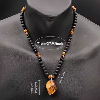 Большое ожерелье с подвеской из необработанного тигрового глаза для мужчин с бусинами из черного оникса