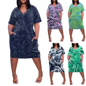 Большое платье, женское летнее платье с v-образным вырезом, платье с короткими рукавами и принтом, с карманами XXL