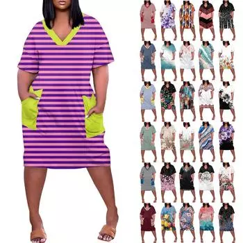 Большое платье, женское летнее платье с v-образным вырезом, платье с короткими рукавами и принтом, с карманами L синий