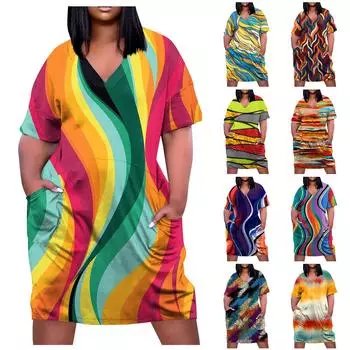 Большое платье, женское летнее платье с v-образным вырезом, платье с короткими рукавами и принтом, с карманами XXXL жёлтый