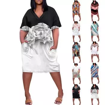 Большое платье, женское летнее платье с v-образным вырезом, платье с короткими рукавами и принтом, с карманами L чёрный