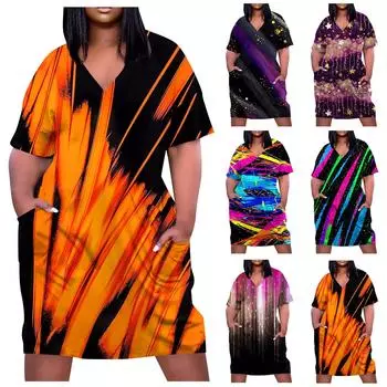 Большое платье, женское летнее платье с v-образным вырезом, платье с короткими рукавами и принтом, с карманами XXL оранжевый
