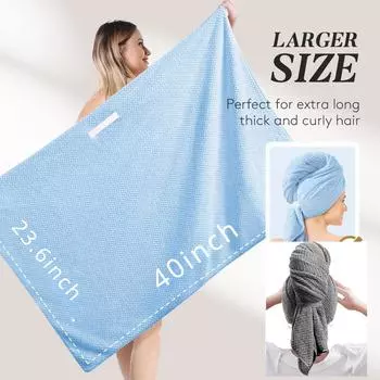 Большое полотенце для волос из микрофибры с ананасом, супер впитывающее быстросохнущее полотенце для волос с эластичным ремешком для длинных густых волос светло-синий
