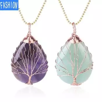 Большое розовое золото с подвеской в виде капли воды, ожерелье с подвеской из натурального кристалла, ожерелье ручной работы, Древо жизни amethyst