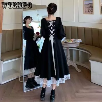 Большое женское весеннее и осеннее женское платье, винтажное платье во французском стиле Хепберн, кружевное платье M чёрный