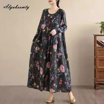 Большого размера Весна Осень Женское Мешковатое Платье с Круглым Вырезом Цветочный Принт Винтажное Платье Оверсайз Длинный Рукав Ретро Миди Хлопковое Платье One Size