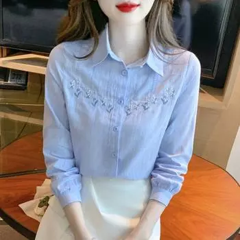 Большого размера женская рубашка из чистого хлопка с вышивкой, с длинными рукавами, для работы, в стиле OL, повседневная белая рубашка, трендовая L