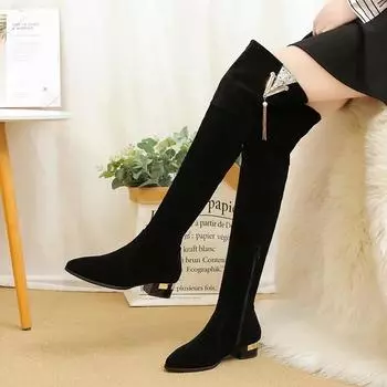 Большого размера зимние ботфорты выше колена женские из эластичной ткани женские ботфорты до бедра сексуальная женская обувь длинные боты женские 35 чёрный