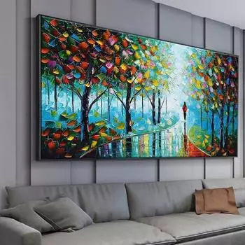 Большой абстрактный лесной пейзаж на холсте, ручная роспись, красочная картина маслом с текстурой мастихина для декора стен 20x30cm No Frame