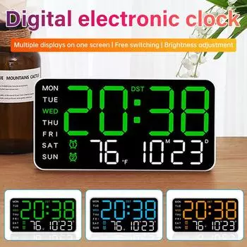 Большой экран цифровые настенные часы с дисплеем температуры, недели и даты, подвесные часы с автоматическим затемнением, настольные часы с 12/24-часовым электронным светодиодным будильником зелёный