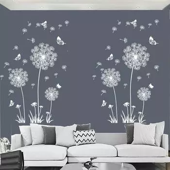 Большой белый одуванчик, бабочка, наклейки на стену, украшение комнаты, съемная виниловая наклейка, домашний декор