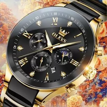 Большой циферблат керамические кварцевые наручные часы мужские с тремя глазами таймер 24-часовой месяц окошко водонепроницаемые ночник мужские часы деловые мужские часы золотой/чёрный