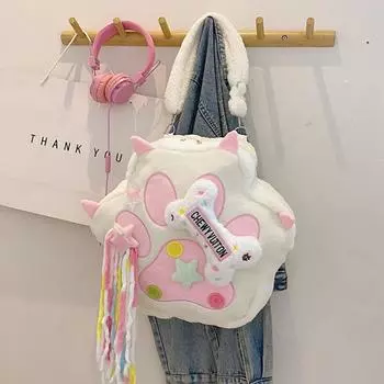 Большой емкости кошачьи лапки кости плюшевый рюкзак Лолита кошка школьный портфель для девочек чёрный