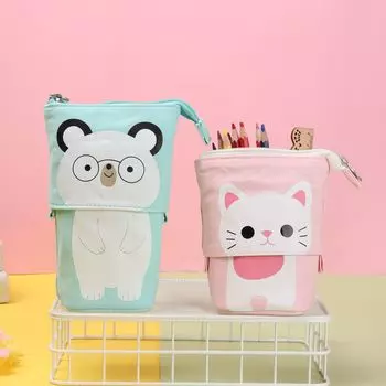 Большой емкости милый телескопический пенал для школы с котом для девочек и мальчиков, пенал из холста, гибкая сумка для ручек, кавайная коробка для ручек, канцелярские принадлежности