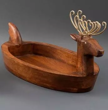 Большой глубокий поднос из дерева в форме оленя, Латунь, Wooden Brass Big Reindeer Tray, John Molly Decor&Gifts