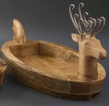 Большой глубокий поднос из дерева в форме оленя, Никель, Wooden Nickel Big Reindeer Tray, John Molly Decor&Gifts