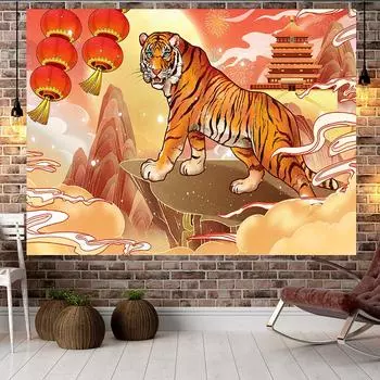 Большой гобелен в китайском стиле в стиле тигра, настенный гобелен с геометрическим рисунком, гобелен в стиле хиппи, домашний декор, эстетическое украшение 95X73cm