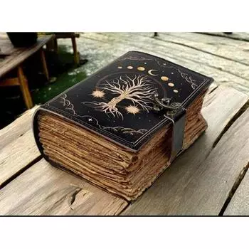Большой гримуар на 400 страниц, кожаный журнал, журнал с принтом Древо жизни, пустая книга заклинаний, книга теней, кожаные небесные подарки для него, для нее 7 x 5 in