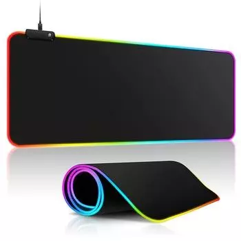 Большой игровой коврик для мыши RGB с 14 режимами освещения, сенсорное управление, удлиненный мягкий коврик для компьютерной клавиатуры, нескользящая резиновая основа, 8003004 мм чёрный