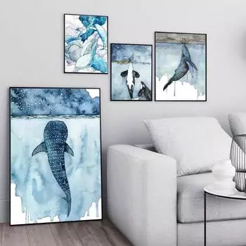 Большой кит и корабль, синий акварельный постер с морскими животными, скандинавские настенные художественные постеры и принты для гостиной, спальни, домашний декор 21x30cm No Frame