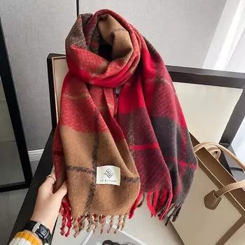 Большой клетчатый зимний женский шарф, утолщенная и теплая студенческая клетчатая большая шаль 65x200cm