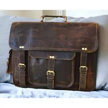 Большой коричневый цельнозерновой винтажный портфель ручной работы для офиса и ноутбука 16 дюймов