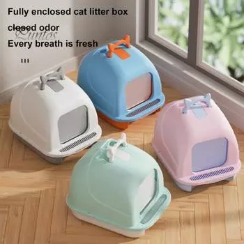 Большой кошачий туалет с крышкой Закрытый лоток для котенка с совком Закрытый туалет для кошек Просторный интерьер Товары для домашних животных синий