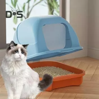Большой кошачий туалет с крышкой Закрытый лоток для котенка с совком Закрытый туалет для кошек Просторный интерьер Товары для домашних животных синий