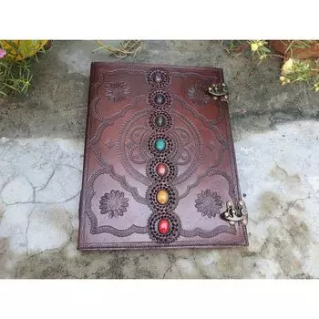 Большой кожаный журнал из семи камней, Книга теней, журнал, свадебная гостевая книга, кожаный гримуар, дорожный блокнот, подарок для него и ее 10 x 13 in коричневый