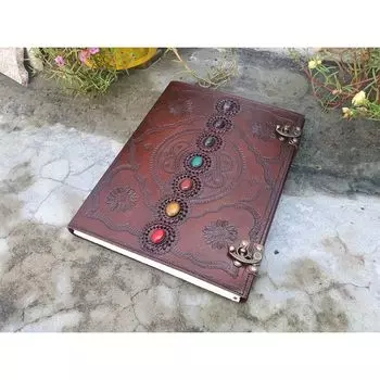 Большой кожаный журнал из семи камней, Книга теней, журнал, свадебная гостевая книга, кожаный гримуар, дорожный блокнот, подарок для него и ее 10 x 13 in коричневый