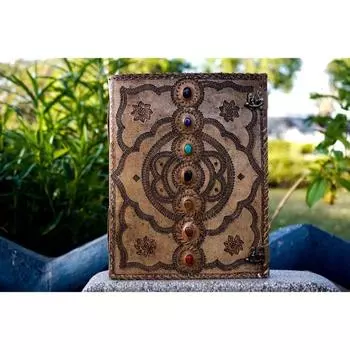 Большой кожаный журнал из семи камней, Книга теней, винтажный журнал, свадебная гостевая книга, кожаный гримуар 13 x 10 in