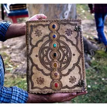 Большой кожаный журнал из семи камней, Книга теней, винтажный журнал, свадебная гостевая книга, кожаный гримуар 13 x 10 in