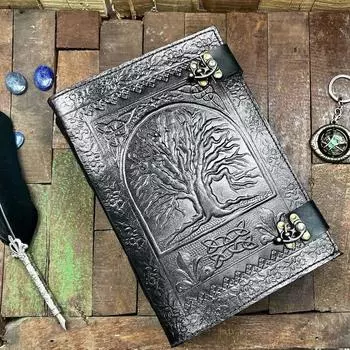 Большой кожаный журнал ручной работы на 600 страниц, блокнот «Древо жизни», пустое заклинание 10 x 7 in чёрный