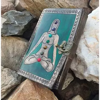 Большой кожаный журнал ручной работы с 7 камнями чакры, тисненый кожаный дневник, художественный альбом для рисования, подарочный блокнот для занятий йогой, латунный замок, самостоятельный планировщик 8 x 6 in