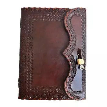 Большой кожаный журнал ручной работы с тиснением, ЗАМОК И КЛЮЧ - Секретный дневник 10 x 7 in коричневый
