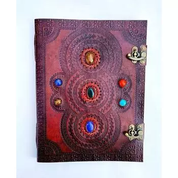 БОЛЬШОЙ кожаный журнал, журнал ручной работы, 7 камней сверху, ручная работа, чистая кожа, пустая книга заклинаний теней, гримуар, бумага с неровными краями 10 x 13 in коричневый