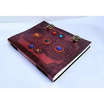БОЛЬШОЙ кожаный журнал, журнал ручной работы, 7 камней сверху, ручная работа, чистая кожа, пустая книга заклинаний теней, гримуар, бумага с неровными краями 10 x 13 in коричневый