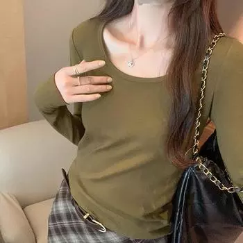 Большой круглый вырез, черный топ с длинными рукавами, простая футболка, осенняя женская новая свободная универсальная нижняя рубашка S