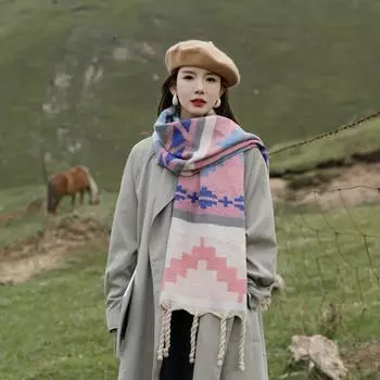 Большой массивный шарф, мягкое большое кашемировое шерстяное толстое зимнее теплое одеяло, женские клетчатые красочные шарфы большого размера 185*40cm розовый