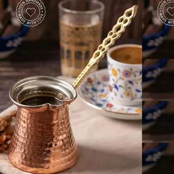 Большой медный кофейник ручной работы на 3-4 человека. Татуировка на руке