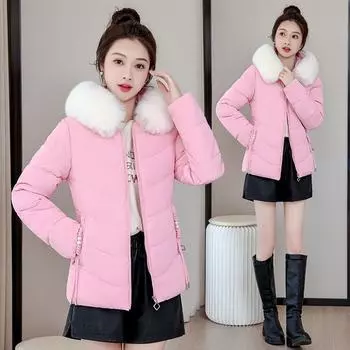 Большой меховой воротник короткая хлопковая подбитая одежда женская иностранная куртка с хлопковой подбитой приталенная хлопковая подбитая одежда темперамент L белый