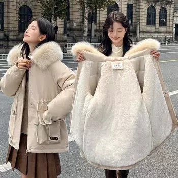 Большой меховой воротник Lucky Grass с флисовой завязкой внутри, облегающий крой и утолщенный капюшон. M хаки